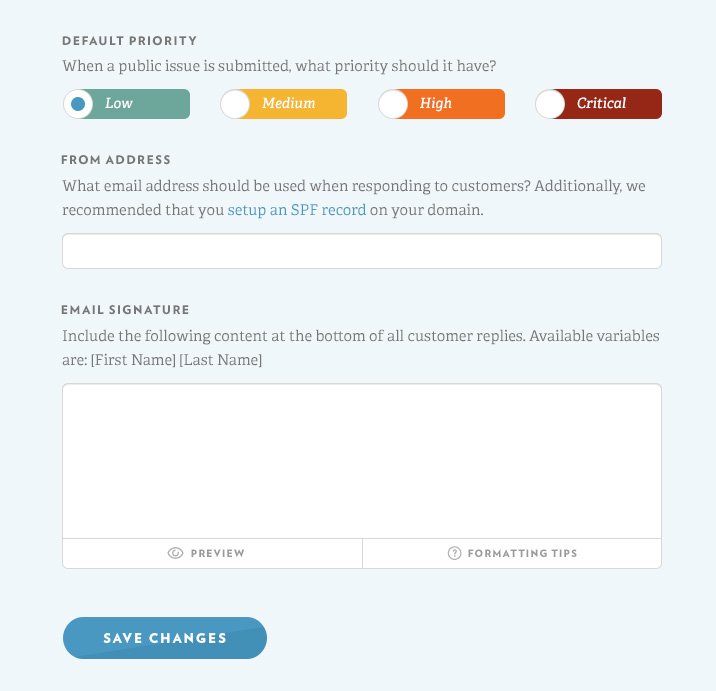 You can set a custom address and signature in your project's Public Issue Settings.