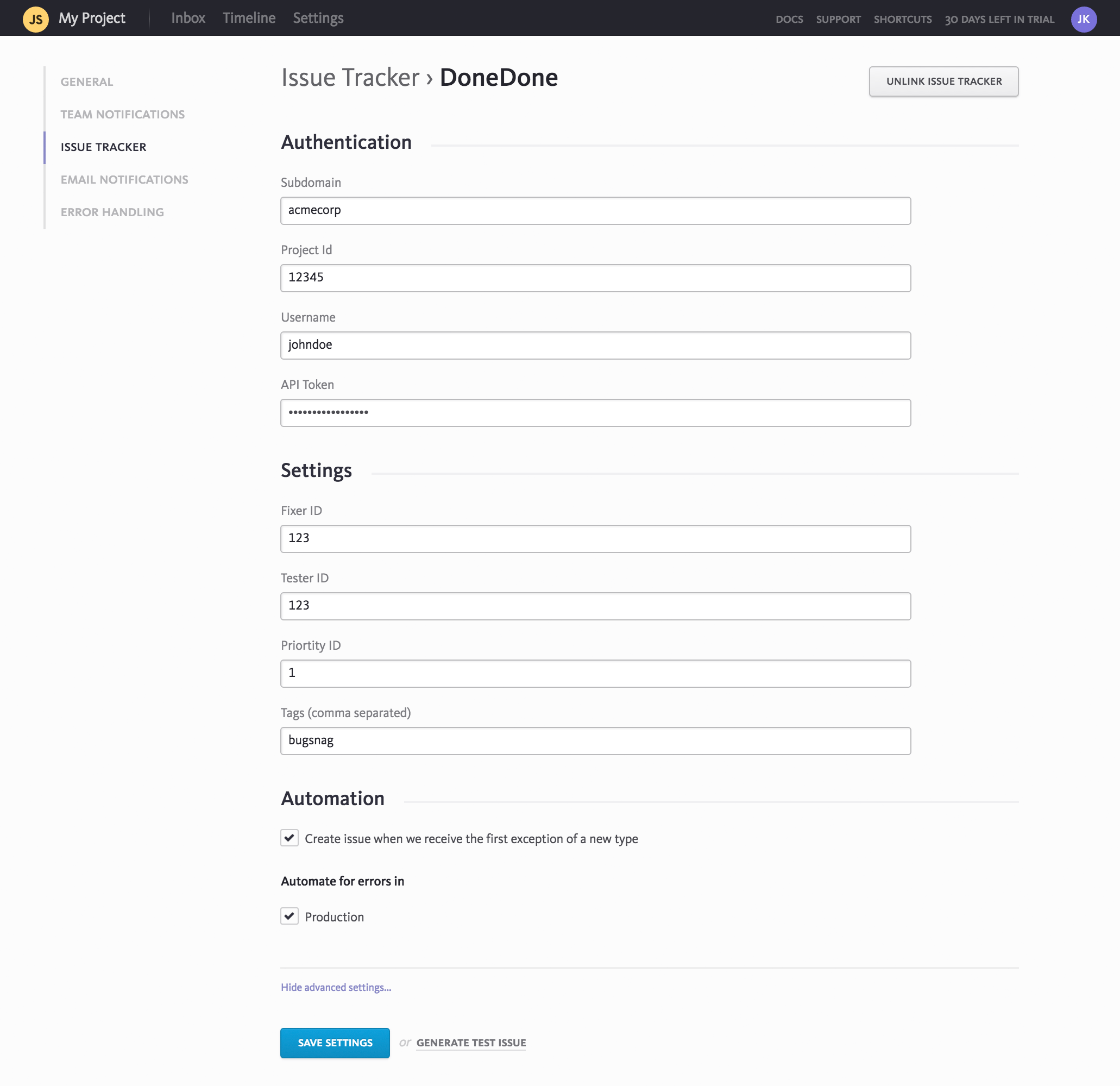 Configuring DoneDone settings within Bugsnag