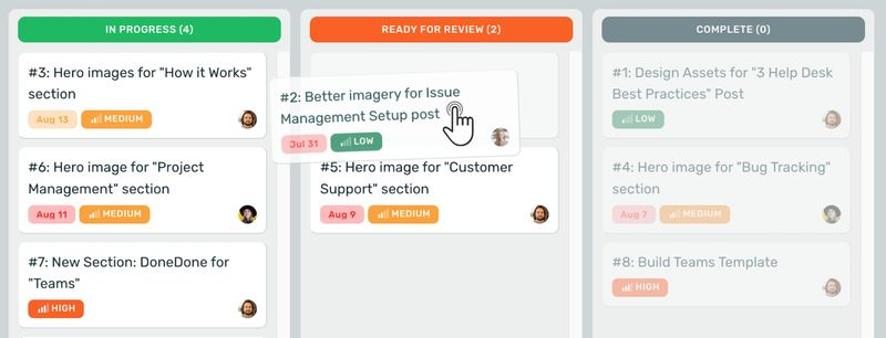 A kanban board in DoneDone