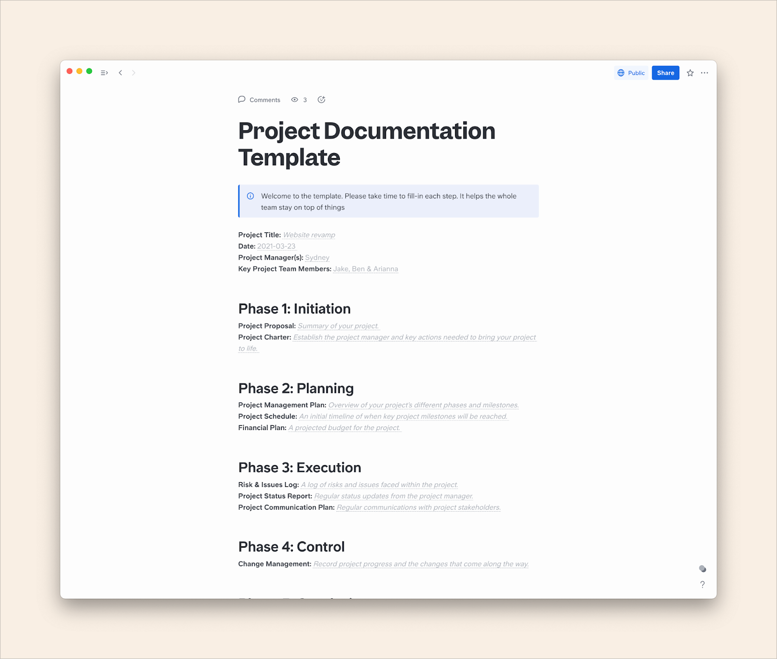 A screenshot of a project documentation template