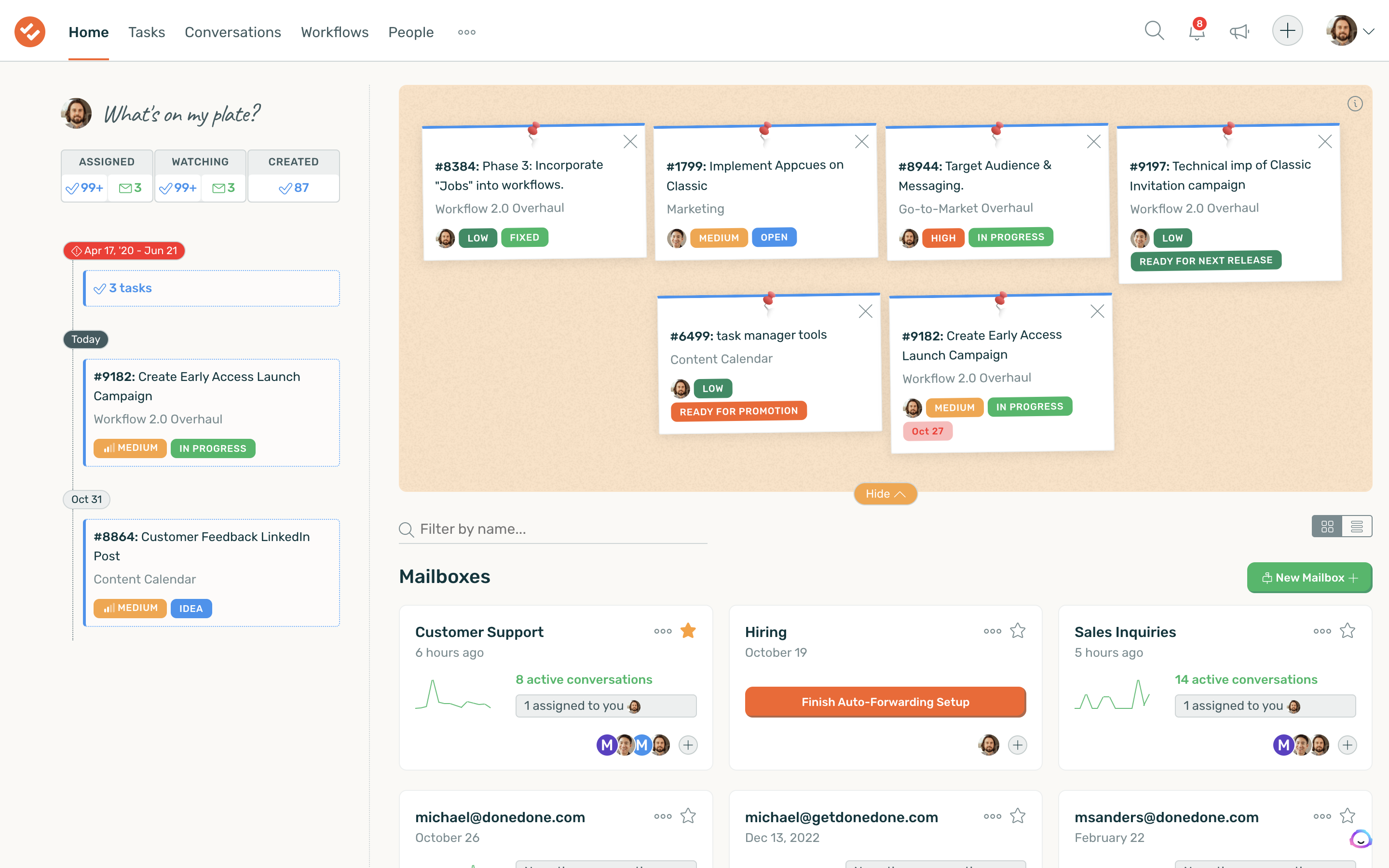 A screenshot of the home dashboard in DoneDone