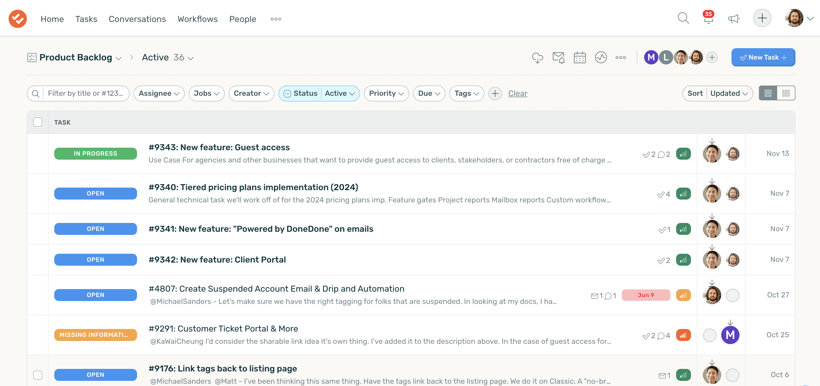 A screenshot of a task list in DoneDone