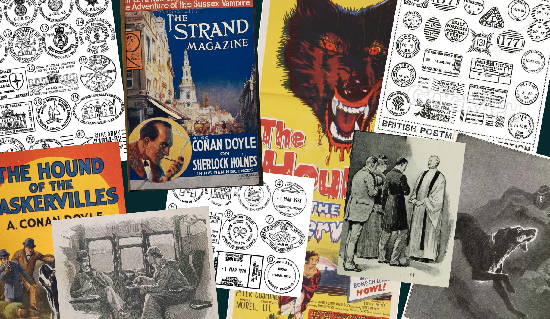 Collage showing inspirations for the brand including British postmarks, Sherlock Holmes posters, novels and SIdney Paget illustrations