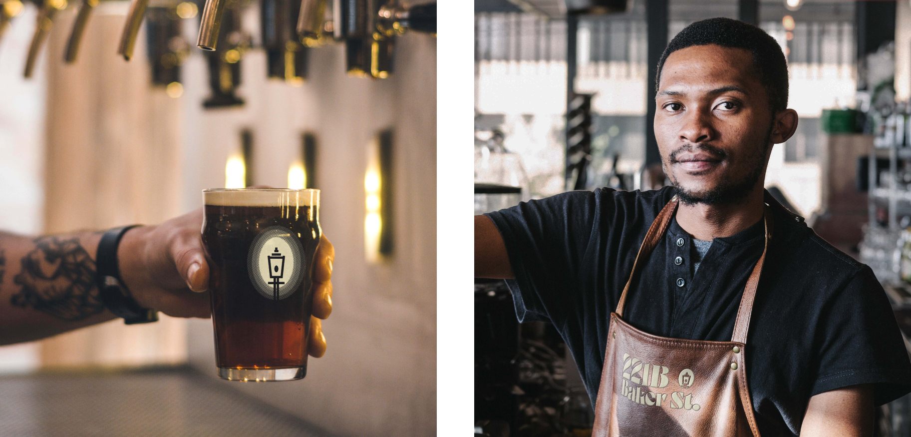 Close up of draft beer with logo on glass and bartender with embroidered 221B apron