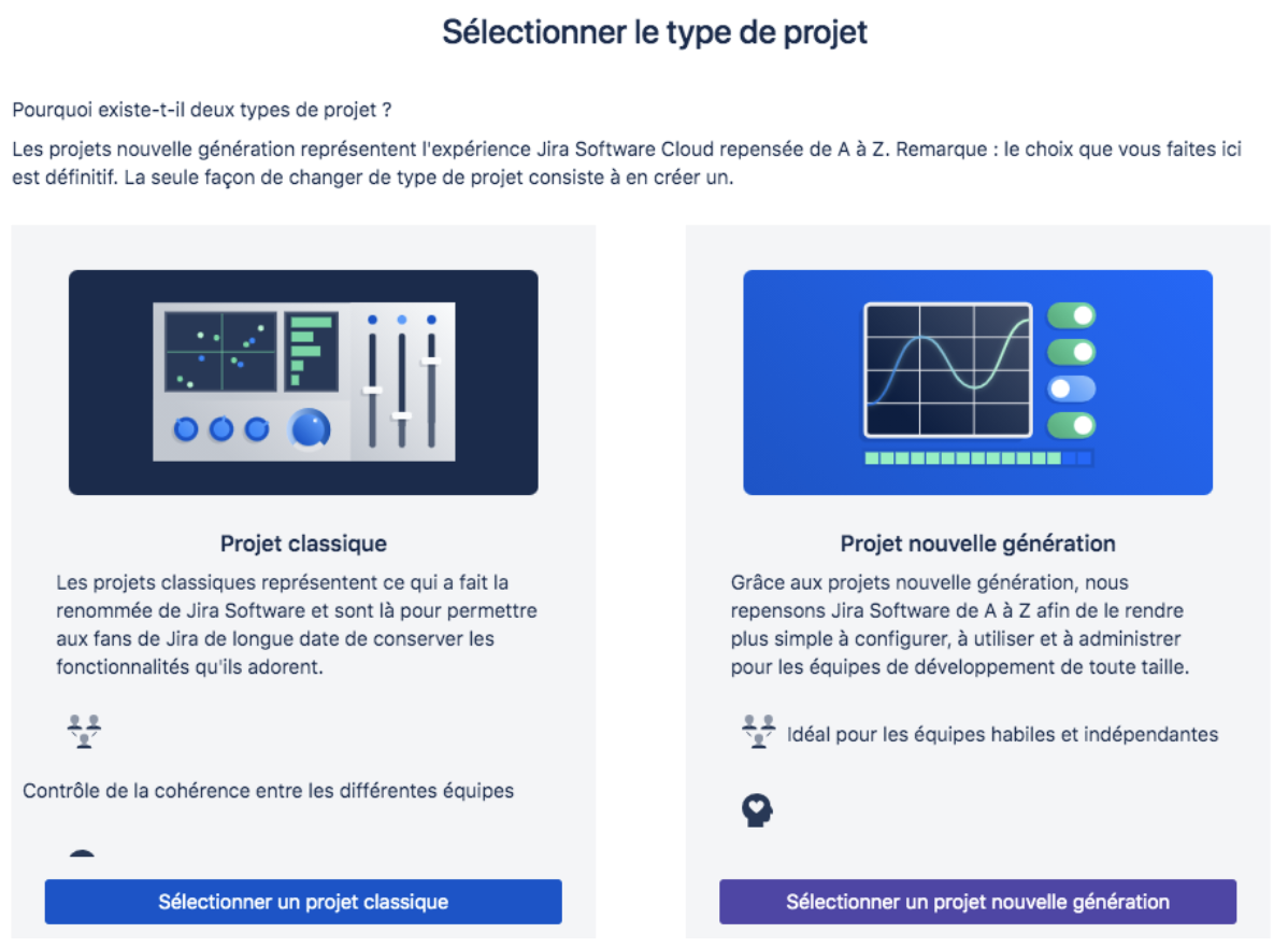 Les deux types de projets sur JIRA