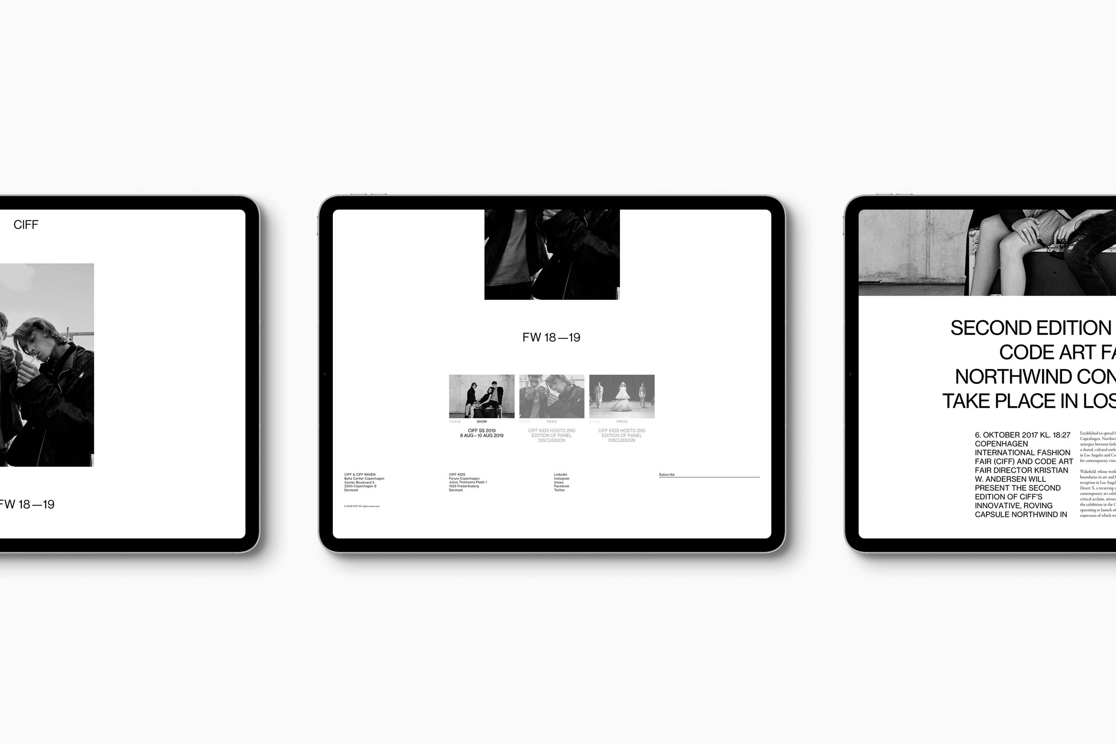 Mockup of CIFF website shown on three iPads.