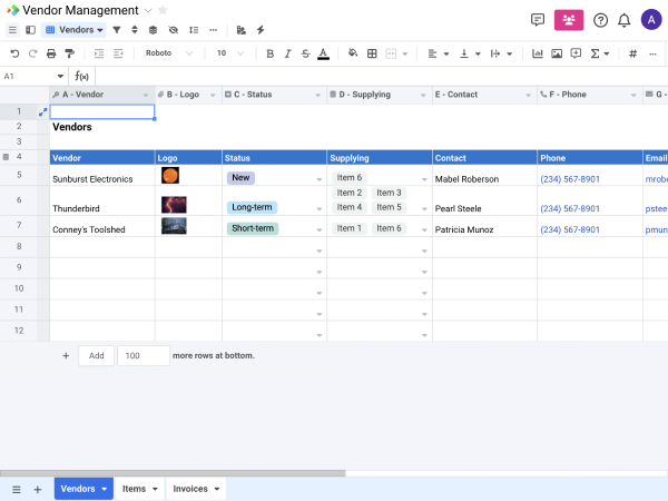 Templat daftar vendor Excel: Spreadsheet.com