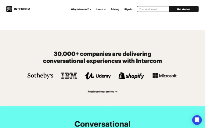 Intercom.com homepage social proof