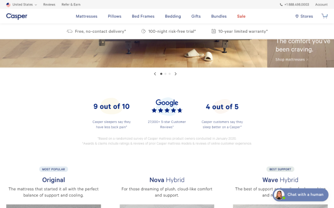 Casper homepage social proof