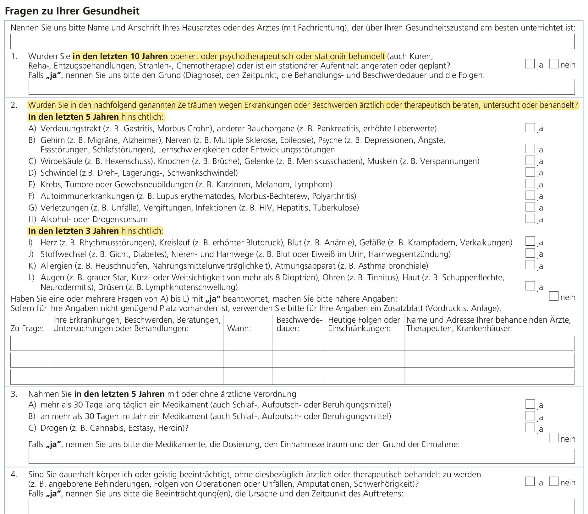 Gesundheitsfragen Volkswohl Bund Berufsunfähigkeitsversicherung (BU)