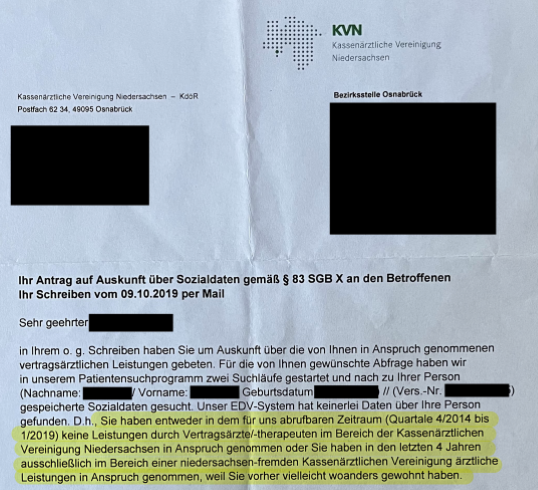 Patientenakte Kassenärztliche Vereinigung Niedersachsen Beispiel