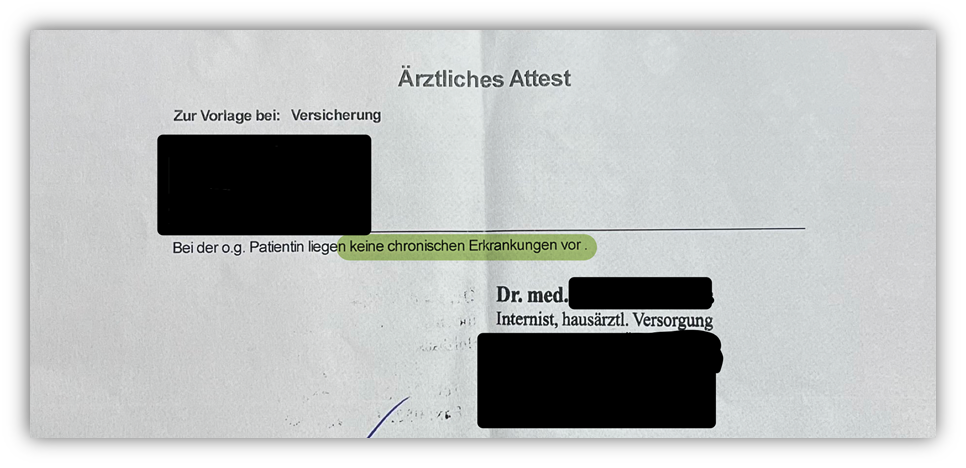 Chronische Rückenschmerzen M54. 99 G Vorerkrankung Berufsunfähigkeitsversicherung Patientenakte ärztliches Attest