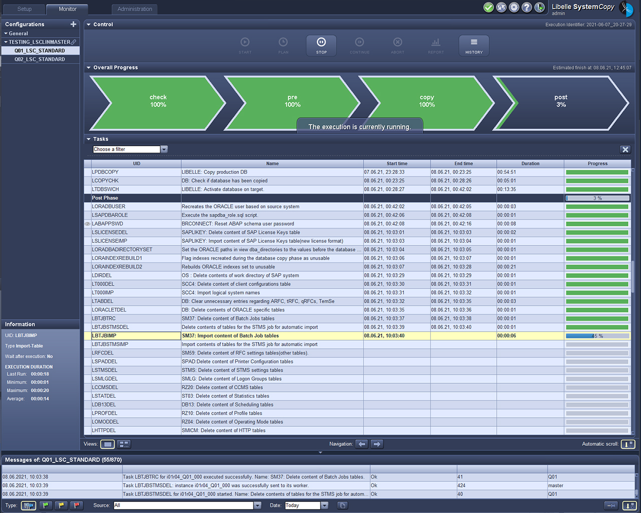 Libelle SystemCopy Frontend zeigt die Post-Phase
