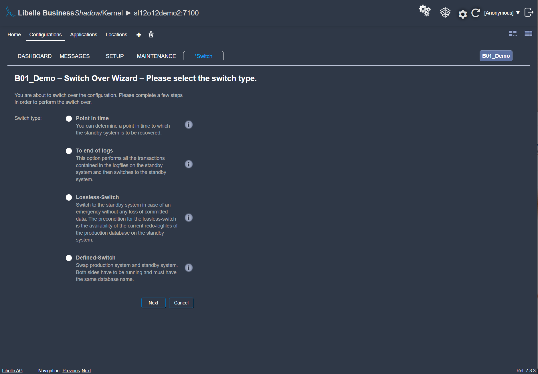 Libelle BusinessShadow Frontend zeigt die Umschaltphase mit Umschaltassistent