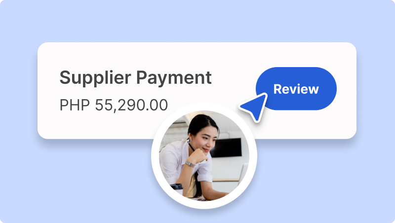 A supplier payment worth PHP 55,290 is shown to be sent for review by a female authorizer.