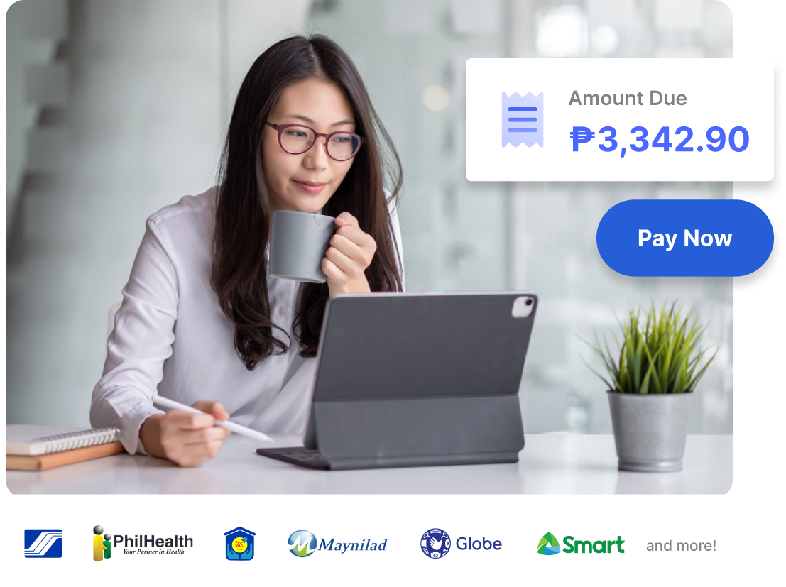 An Asian woman pays her bill amounting to PHP 3,349.90 through her tablet. Logos of major billers such as SSS, PhilHealth, Pag-ibig are laid out below.