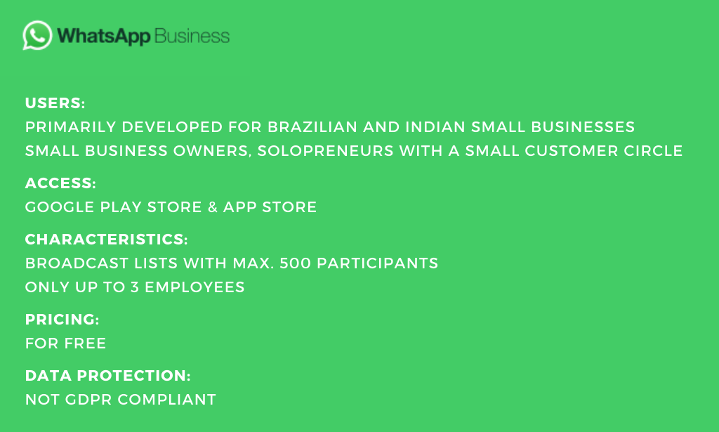 Whatsapp Business icon in the upper left corner: White letters on green background showing Information about Whatsapp Business