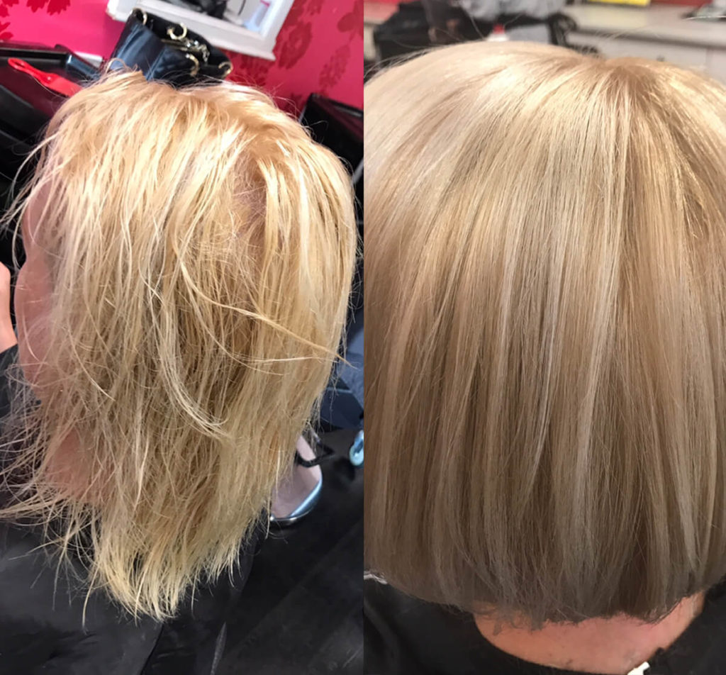 Dry blonde hair before and after treatment