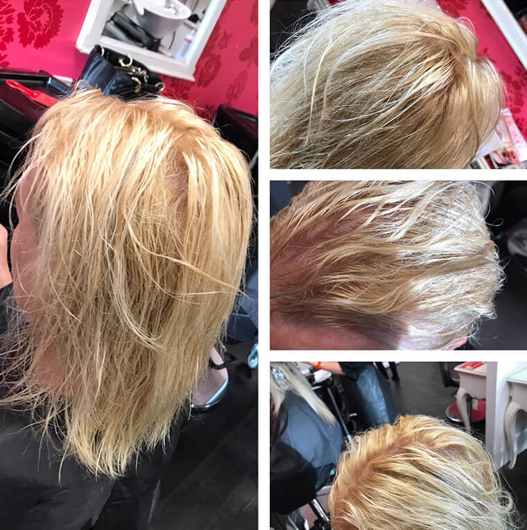 Clients hair lightened and dried off before toner applied.