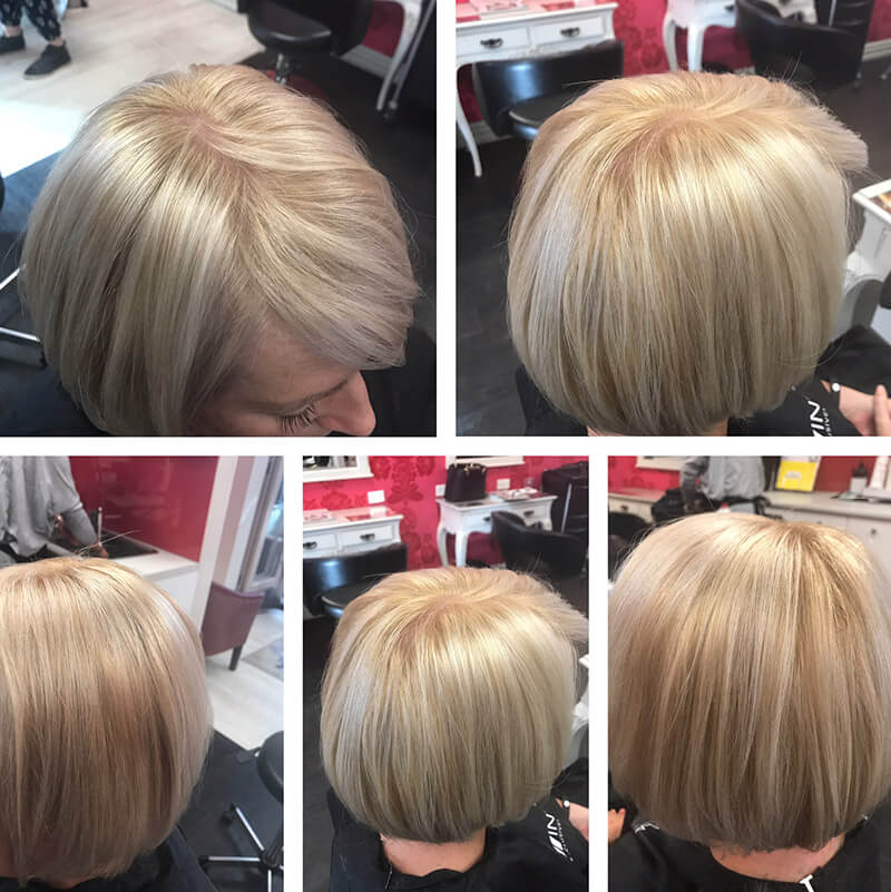 Same client with cool champagne toner, hair is shiny and beautiful.