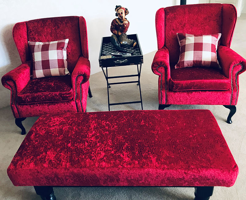 Re-upholstered chairs, coffee table at Vicki’s
