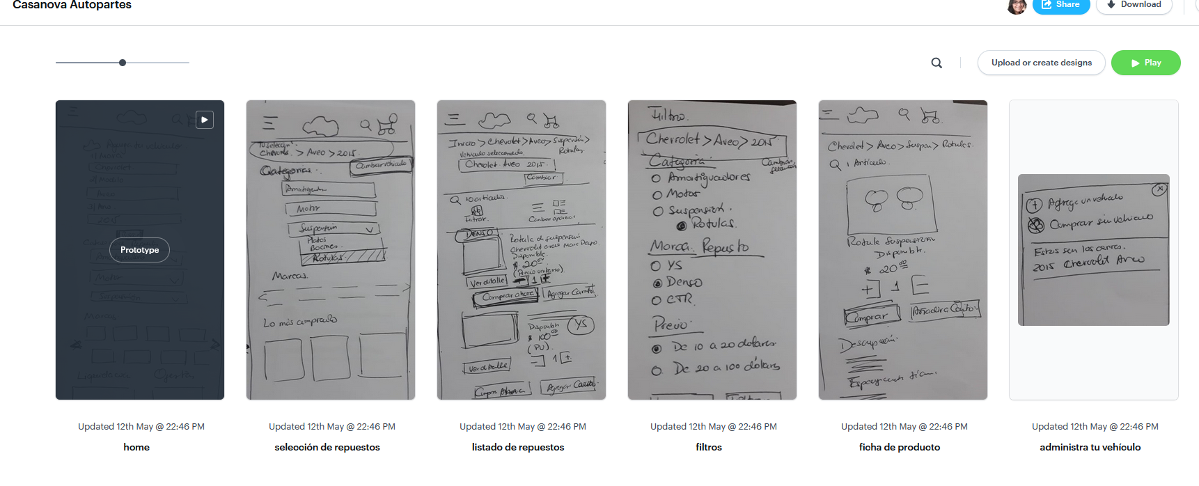 Wireframes hecho a mano para testeo con usuarios.