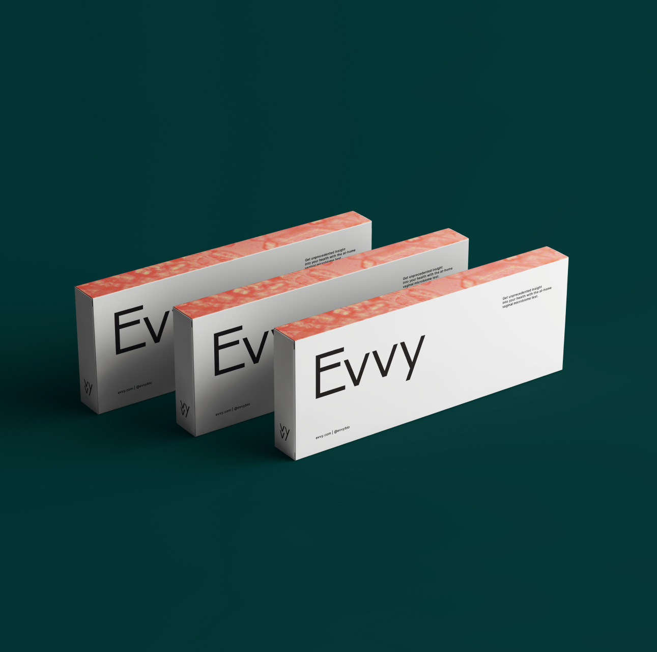 Three Evvy product boxes, housing the Evvy Vaginal Health Check