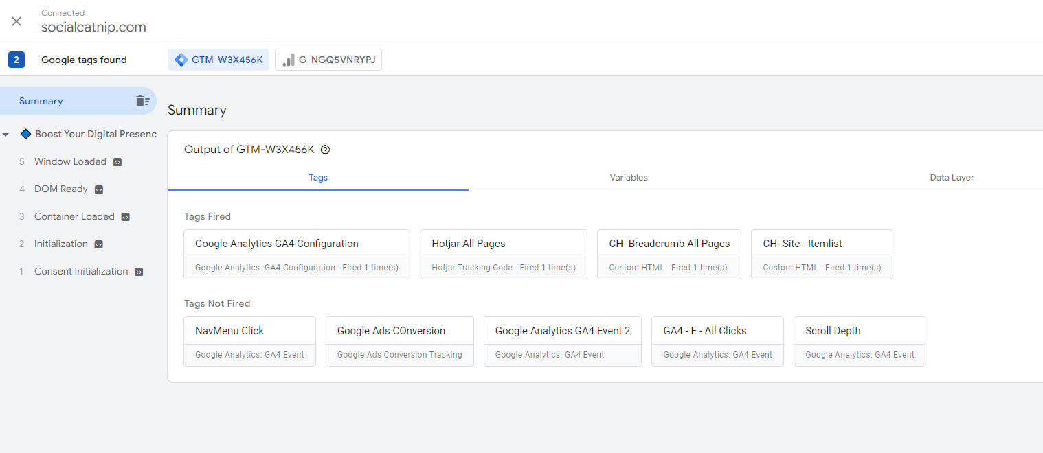 GTM Preview mode confirming a connected Webflow site