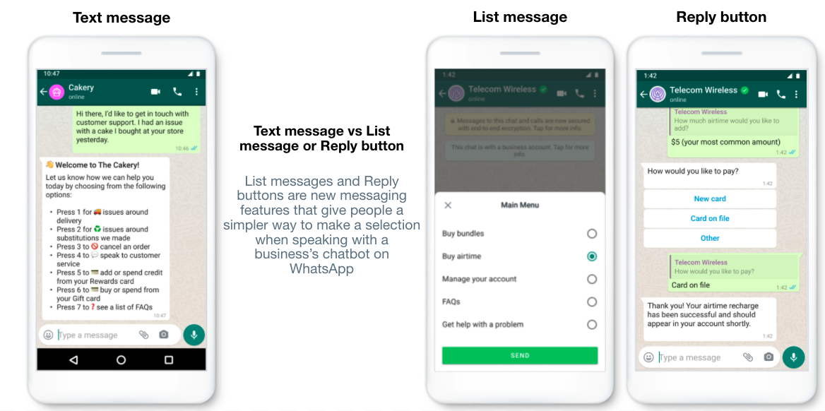 Live demonstration of text, list, and reply WhatsApp messages.