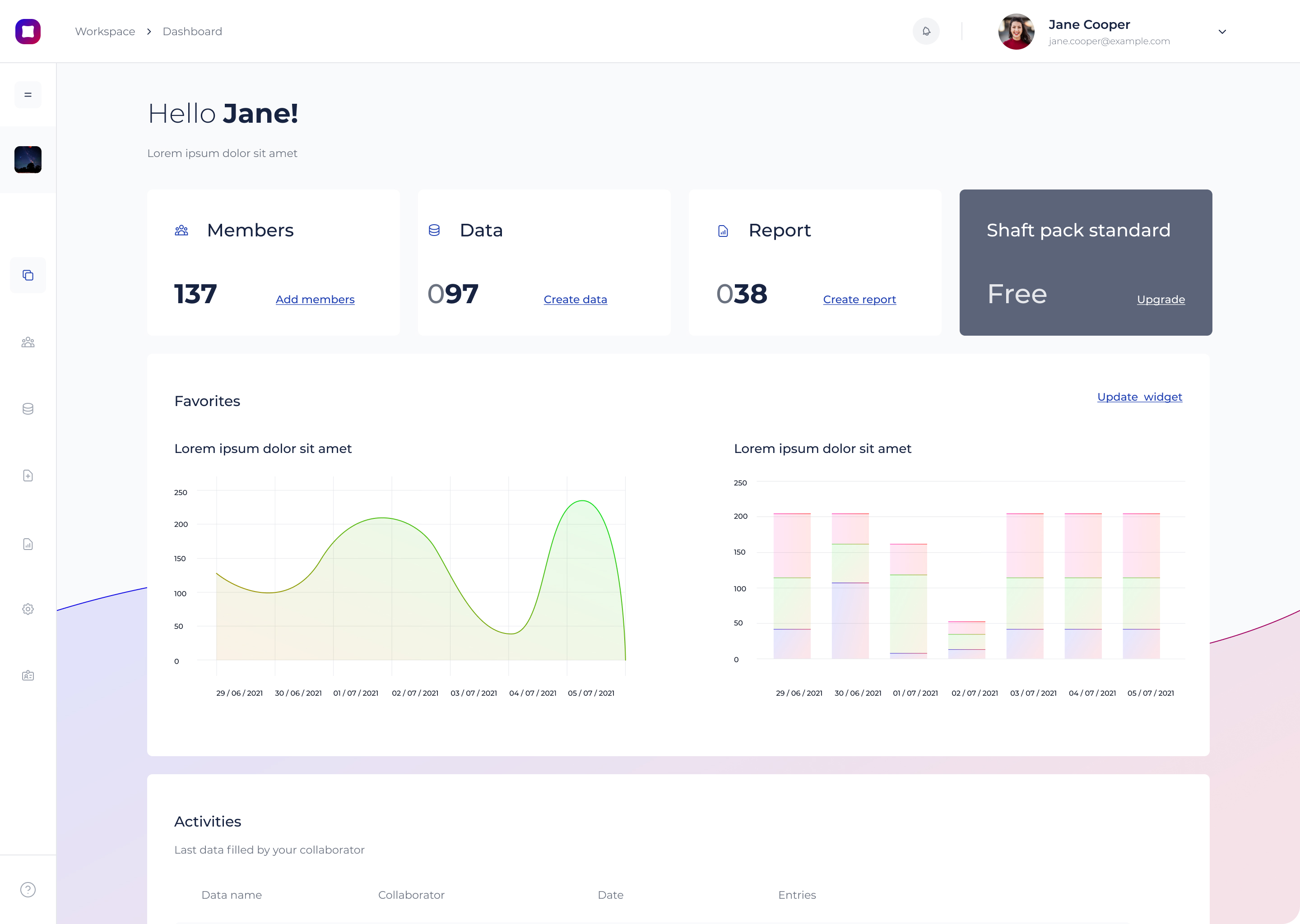 Homepage Shaft avec un aperçu des fonctionnalités utilisables dans l'application. Aperçu de Graphique et de data sur un dashboard.