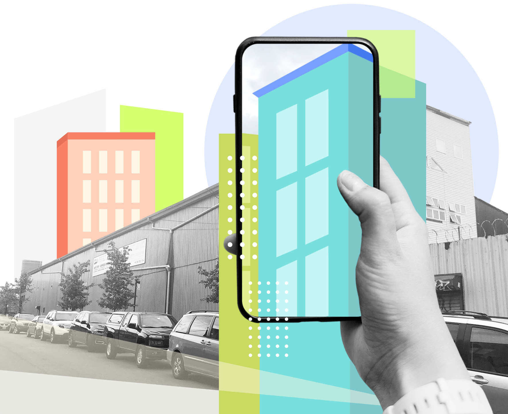 Phone pointing at buildings and showing future changes in augmented reality (AR).