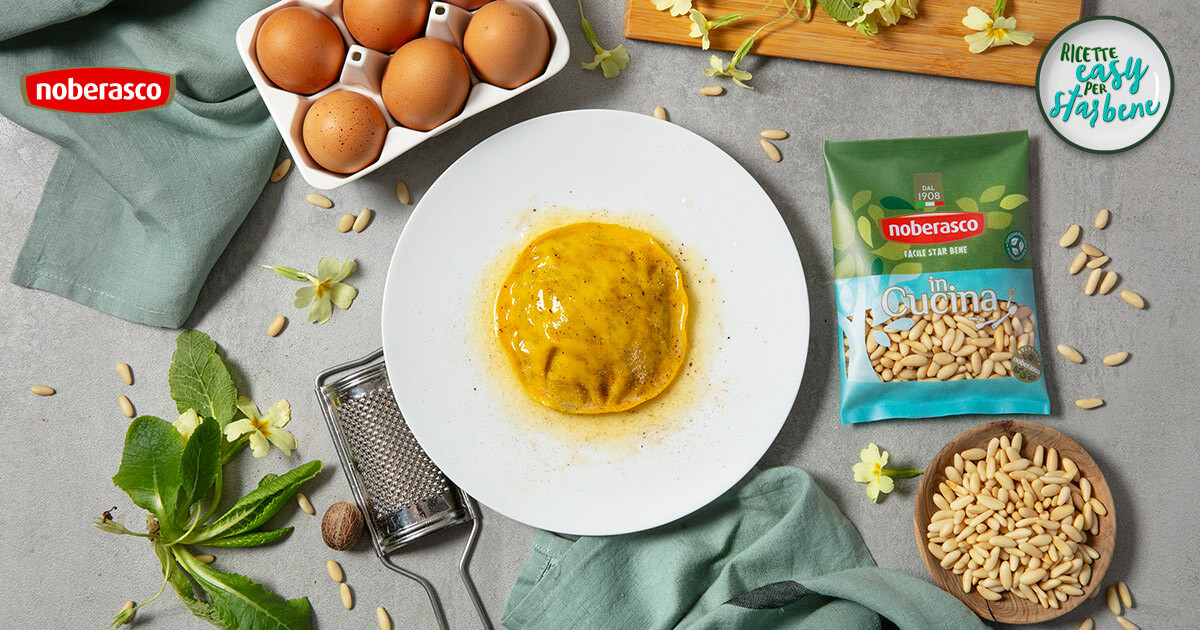 Noberasco Ricette Easy Uovo in pasta, insalate spontanee, pinoli tostati e noce moscata
