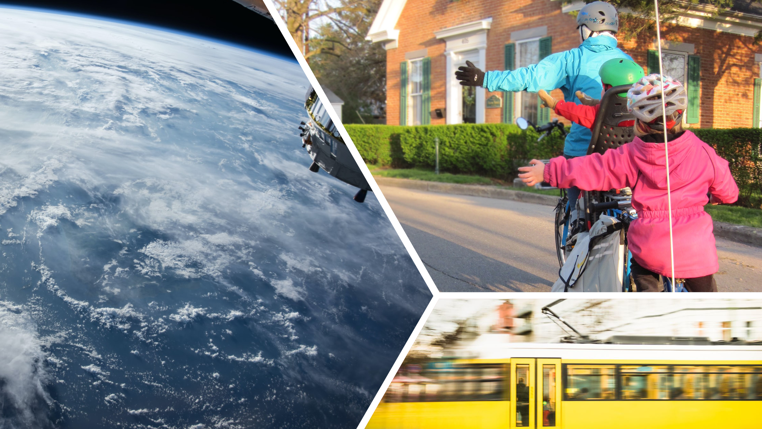 Bildcollage aus drei Bildern zu den Themen Raumfahrt, Radverkehr und Straßenbahn