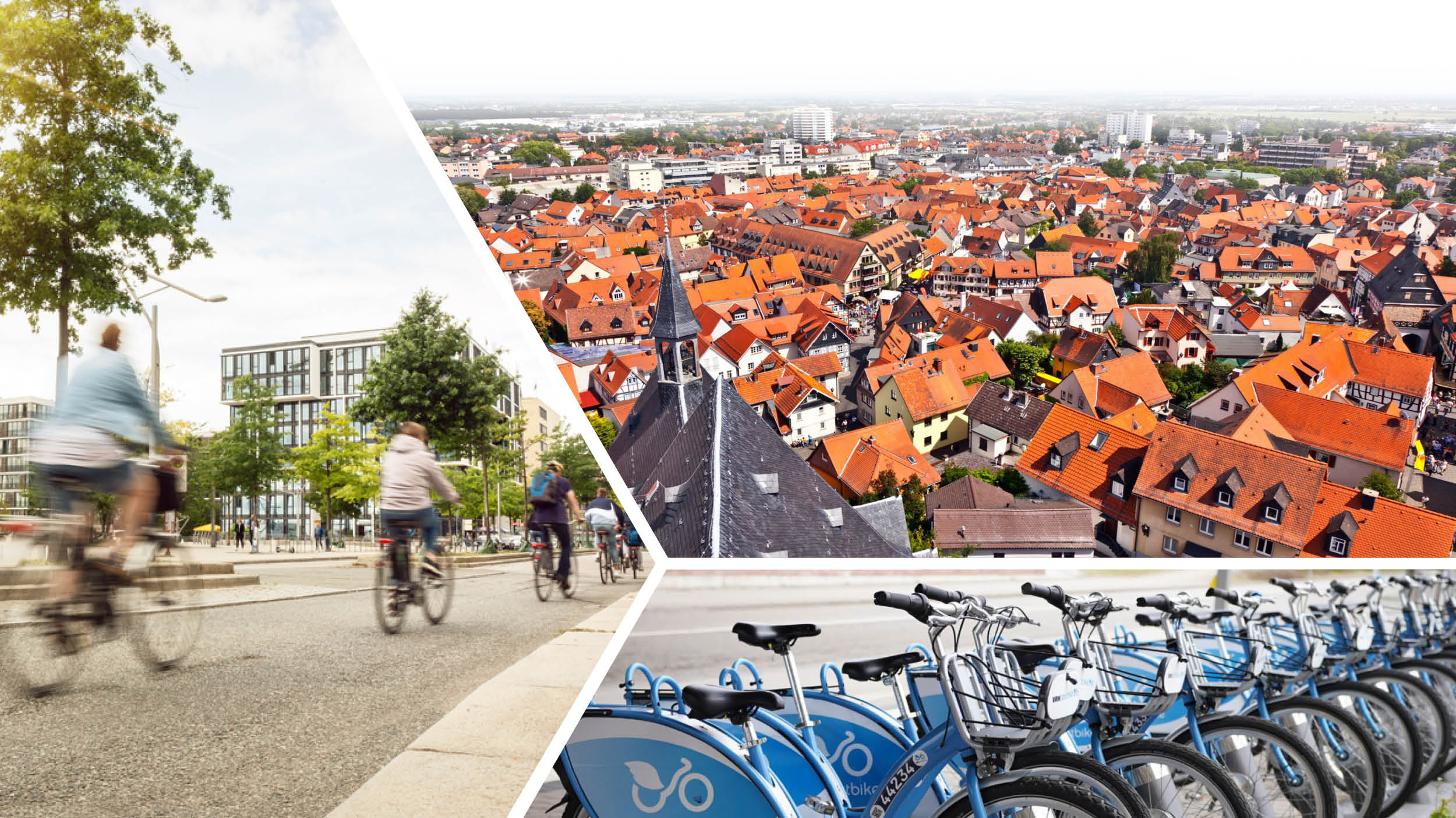 Bildcollage auf drei Bildern mit den Motiven Stadt, Fahrrad, Fahrradleihstation