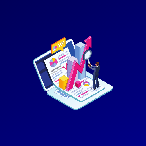 Illustration of a laptop with charts popping out of it and a man standing on the keyboard.