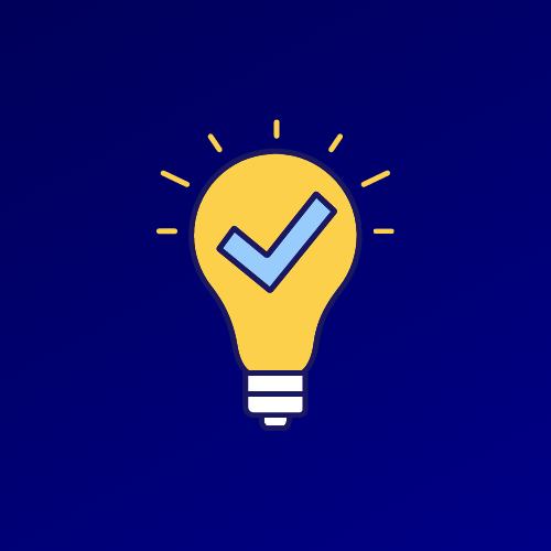 Illustration of a glowing lightbulb with a tick in the middle.