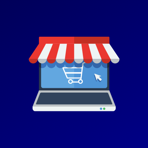 Illustration of a shop awning on top of a laptop representing online shopping.