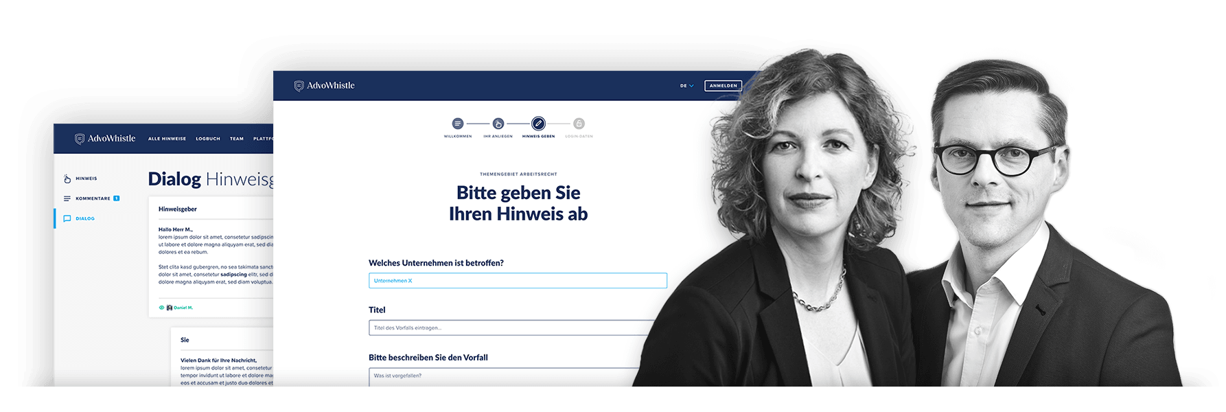 Bild mit Screens des Hinweisgebersystems und zwei Vertrauensanwälten