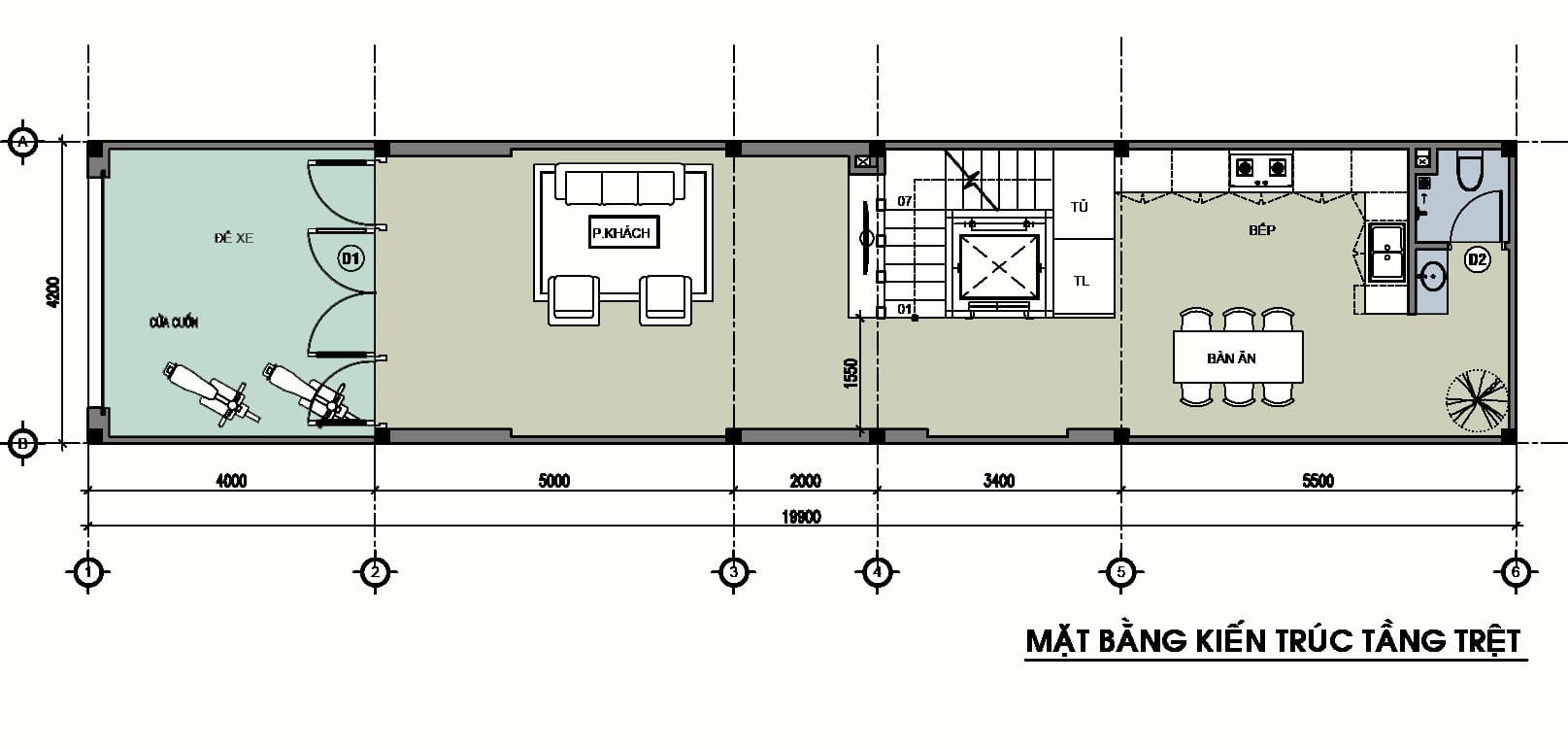 Ví dụ mặt bằng tầng trệt nhà phố có nhà vệ sinh đặt cuối nhà.