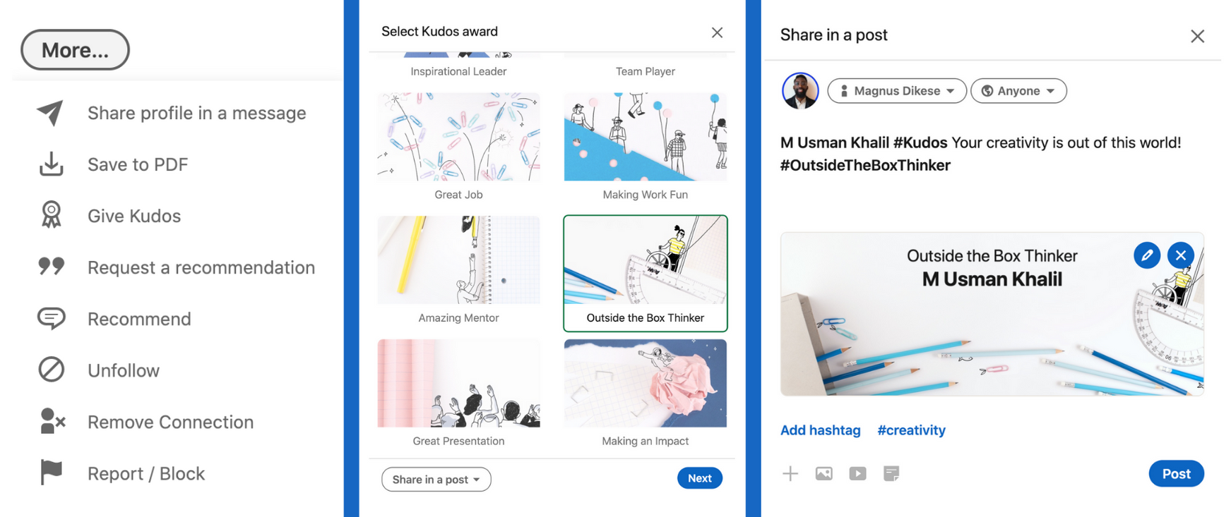 Giving Kudos on LinkedIn