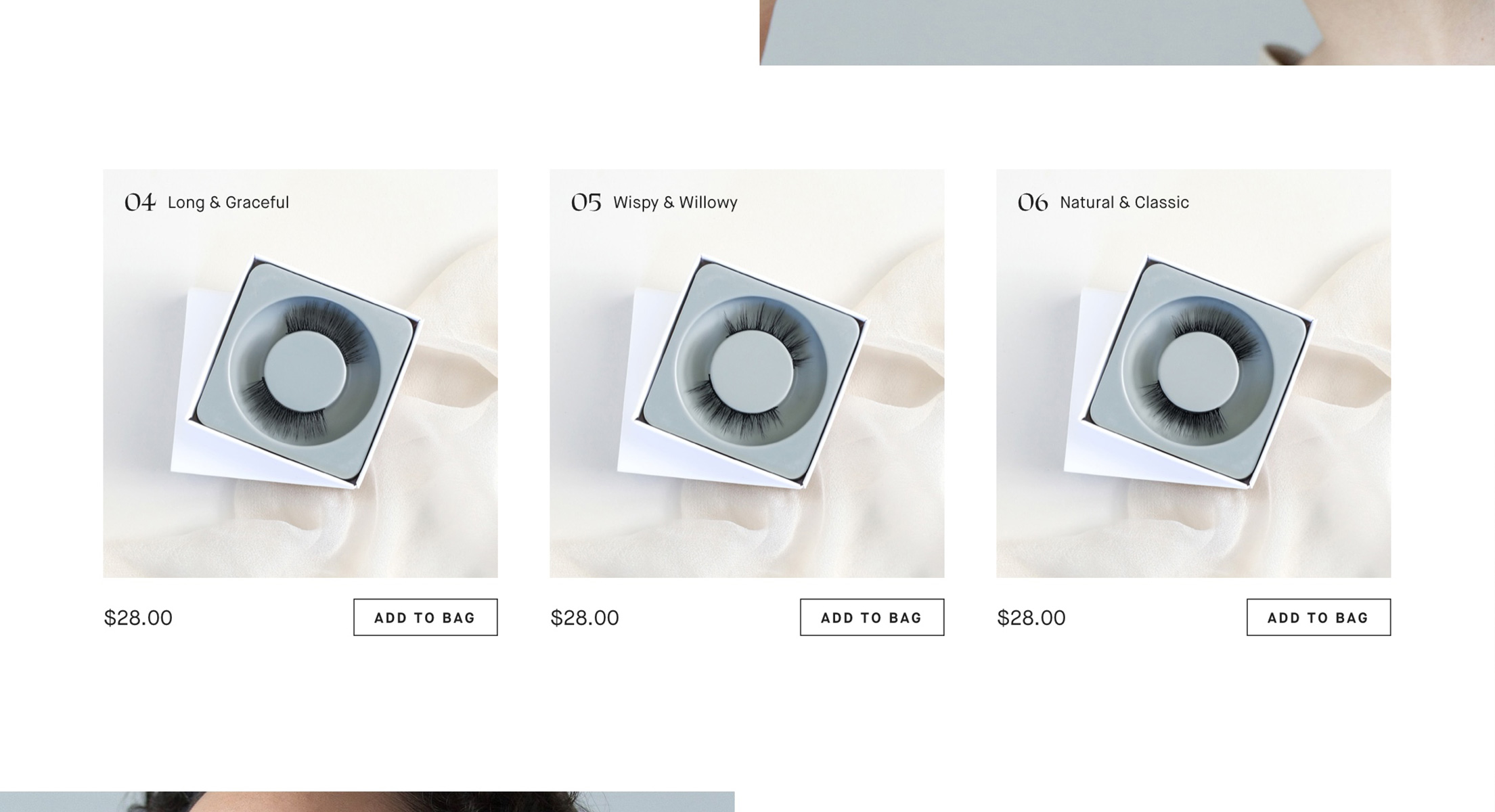 A close up mockup of the Lithe Lashes products from the Lithe Lashes "Product Shelf Page" on desktop
