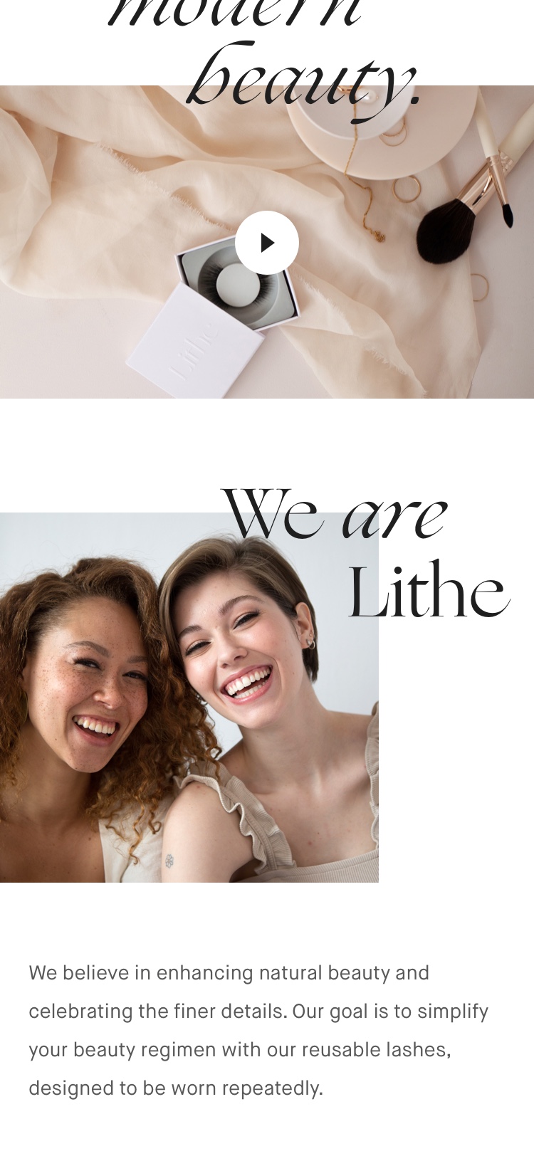 A mockup of the Lithe Lashes "About Page" hero on mobile