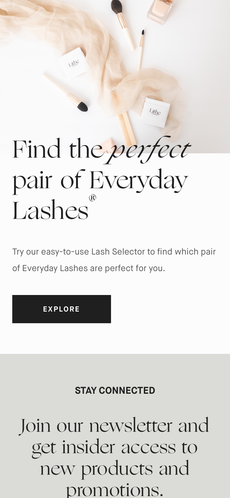 A mockup of the Lash questionnaire section of the Lithe Lashes "Home Page" on mobile