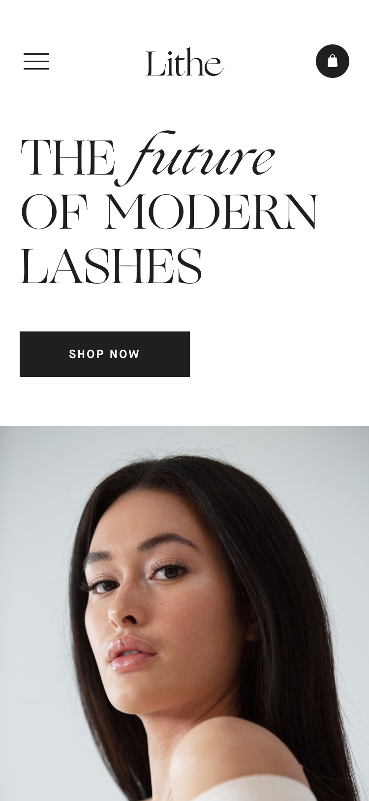 A mockup of the Lithe Lashes "Home Page" hero on mobile
