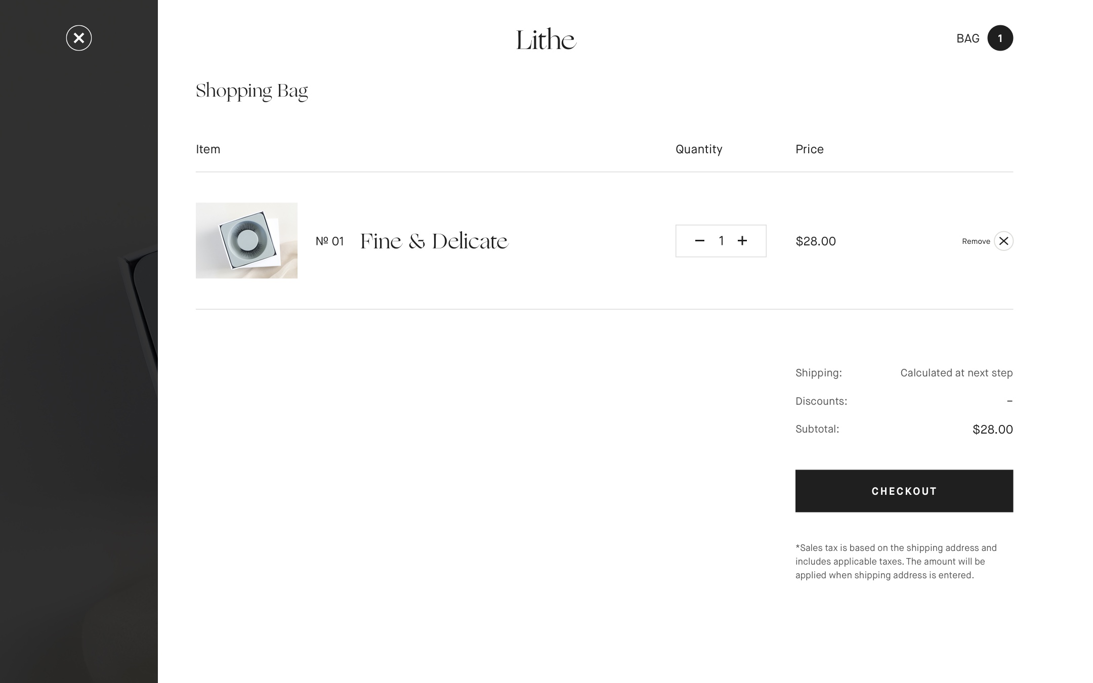 A mockup of the Lithe Lashes "Cart Screen" on desktop