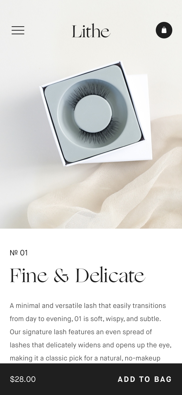 A mockup of the Lithe Lashes "Product Single Page" hero on mobile
