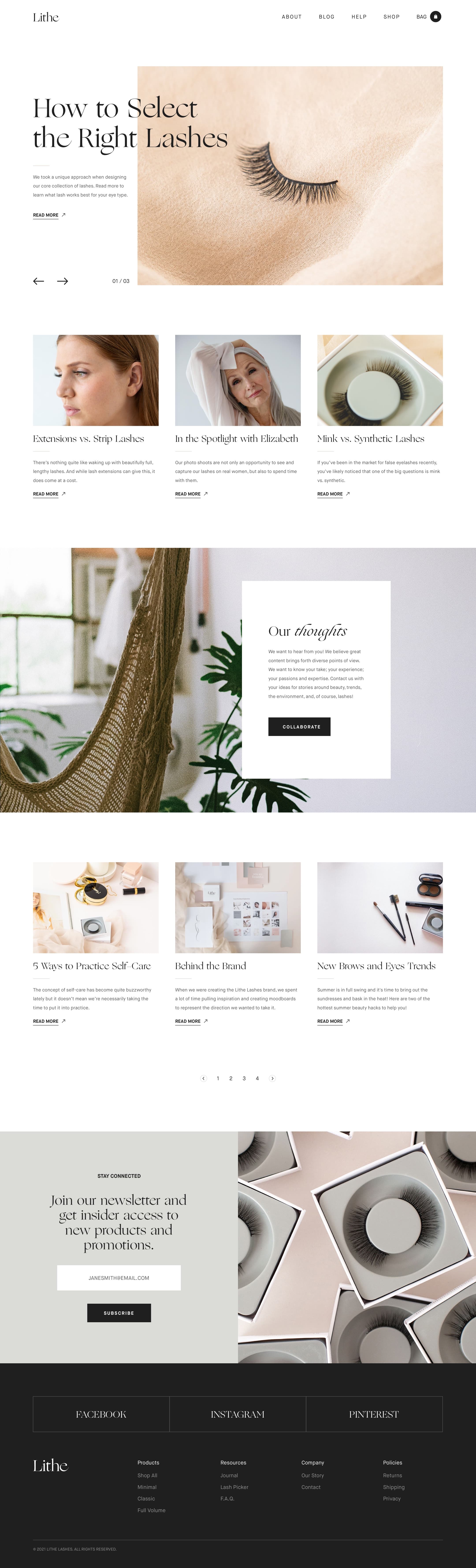 A mockup of the Lithe Lashes "Blog Landing Page" on desktop
