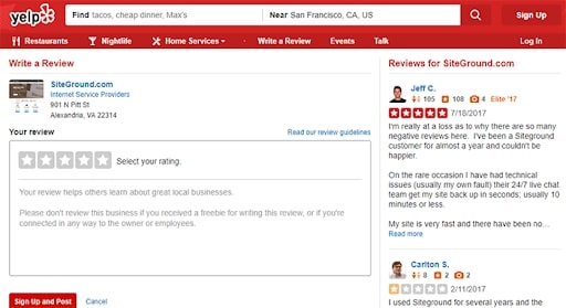 Public customer review option on Yelp