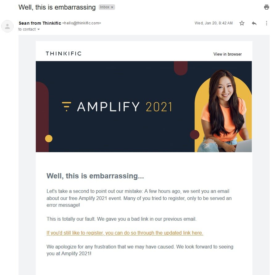Example of apology email for broken link email