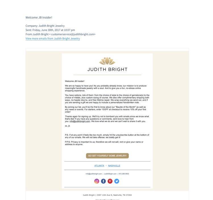 Welcome email example from Judith Bright